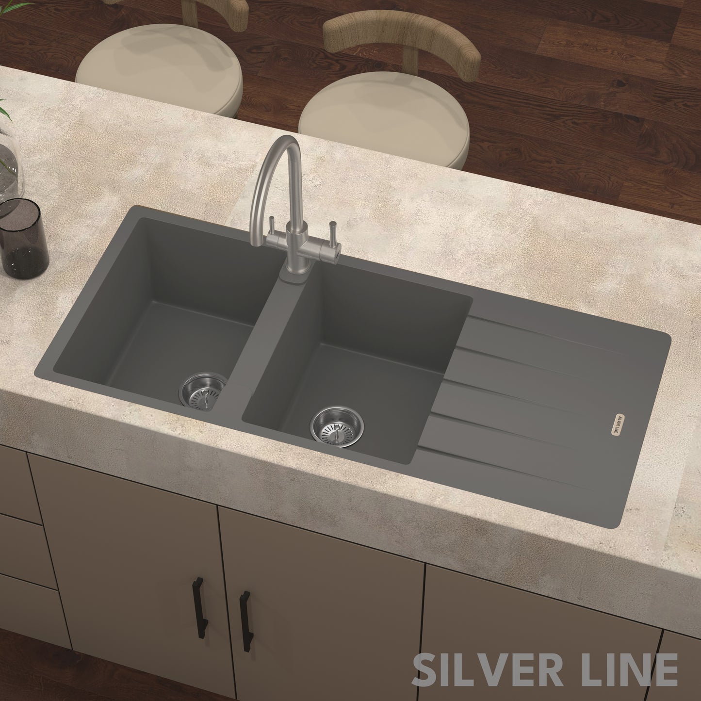 German Quartz Double Bowl Kitchen Sink with Faucet Hole & Drainboard - Slate (46" x 20" x 9")