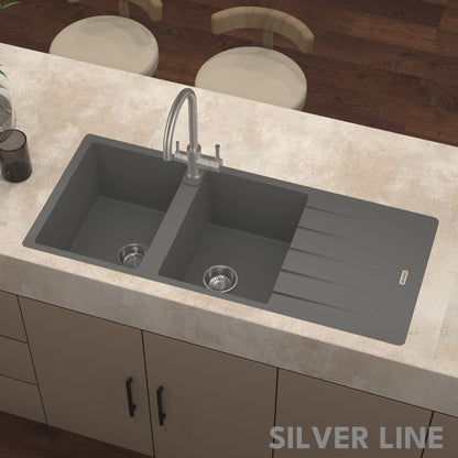 German Quartz Double Bowl Kitchen Sink with Faucet Hole & Drainboard - Slate (46" x 20" x 9")