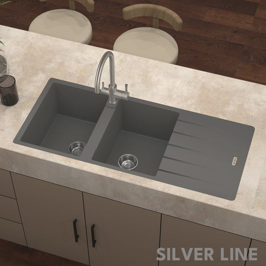 German Quartz Double Bowl Kitchen Sink with Faucet Hole & Drainboard - Slate (46" x 20" x 9")