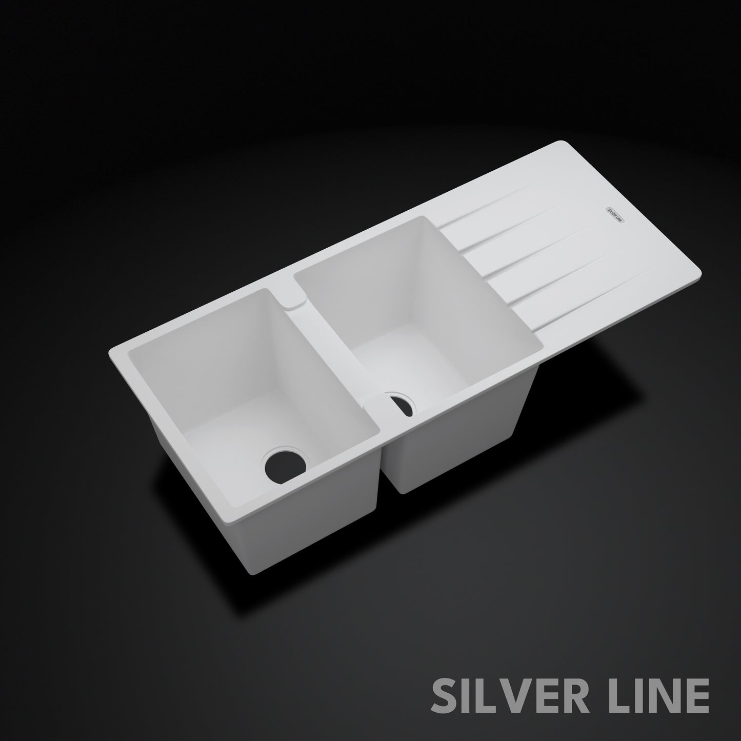 German Quartz Double Bowl Kitchen Sink with Faucet Hole & Drainboard - Snow White (46" x 20" x 9")