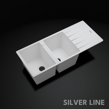 German Quartz Double Bowl Kitchen Sink with Faucet Hole & Drainboard - Snow White (46" x 20" x 9")