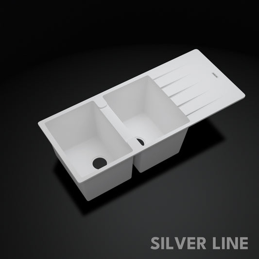 German Quartz Double Bowl Kitchen Sink with Faucet Hole & Drainboard - Snow White (46" x 20" x 9")