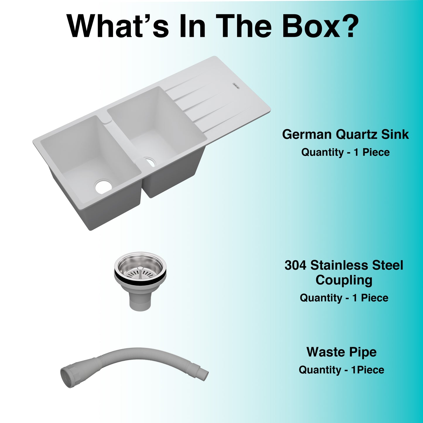 German Quartz Double Bowl Kitchen Sink with Faucet Hole & Drainboard - Snow White (46" x 20" x 9")
