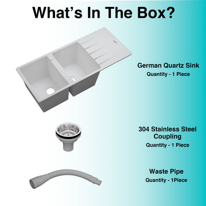 German Quartz Double Bowl Kitchen Sink with Faucet Hole & Drainboard - Snow White (46" x 20" x 9")