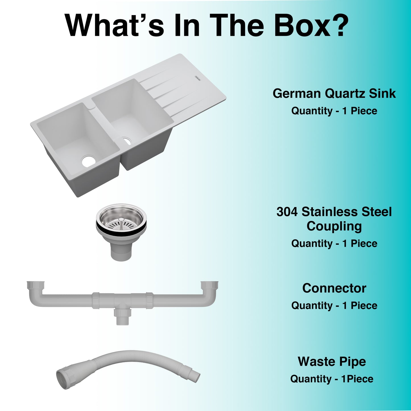 German Quartz Double Bowl Kitchen Sink with Faucet Hole & Drainboard - Snow White (46" x 20" x 9")