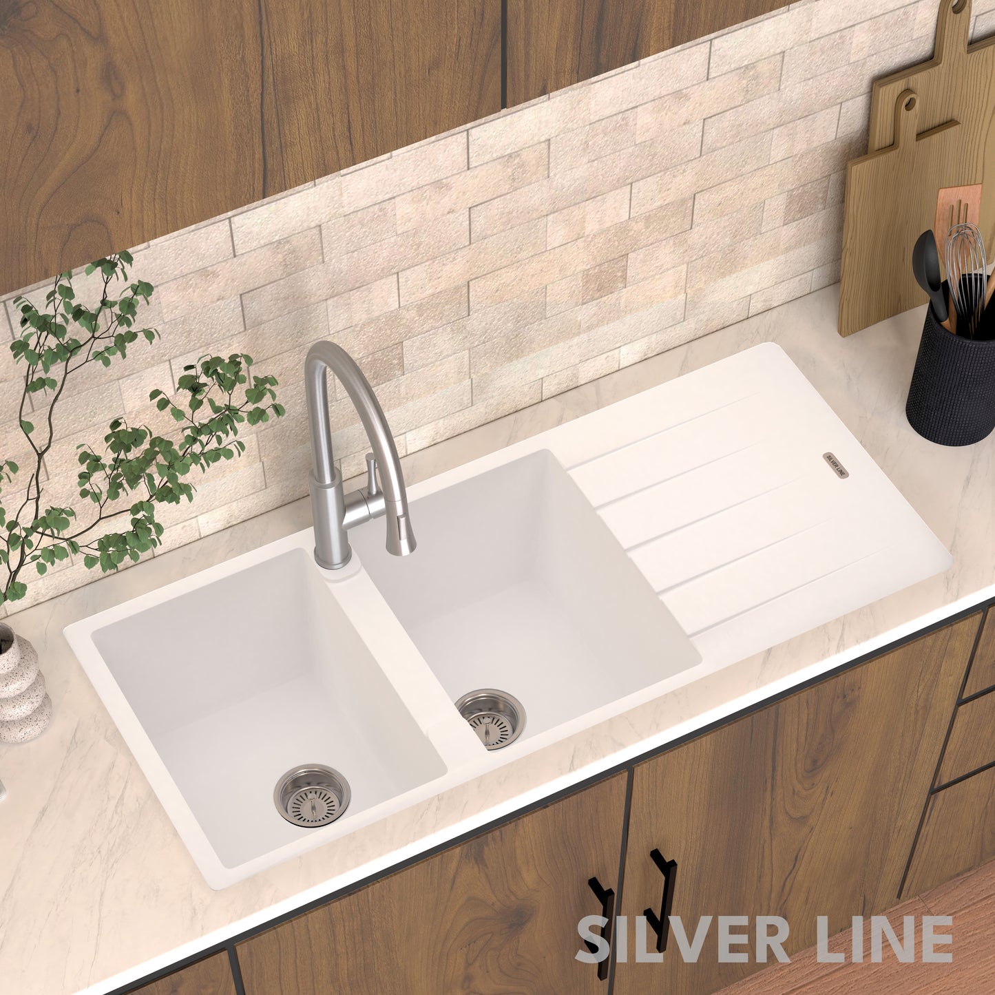 German Quartz Double Bowl Kitchen Sink with Faucet Hole & Drainboard - Snow White (46" x 20" x 9")