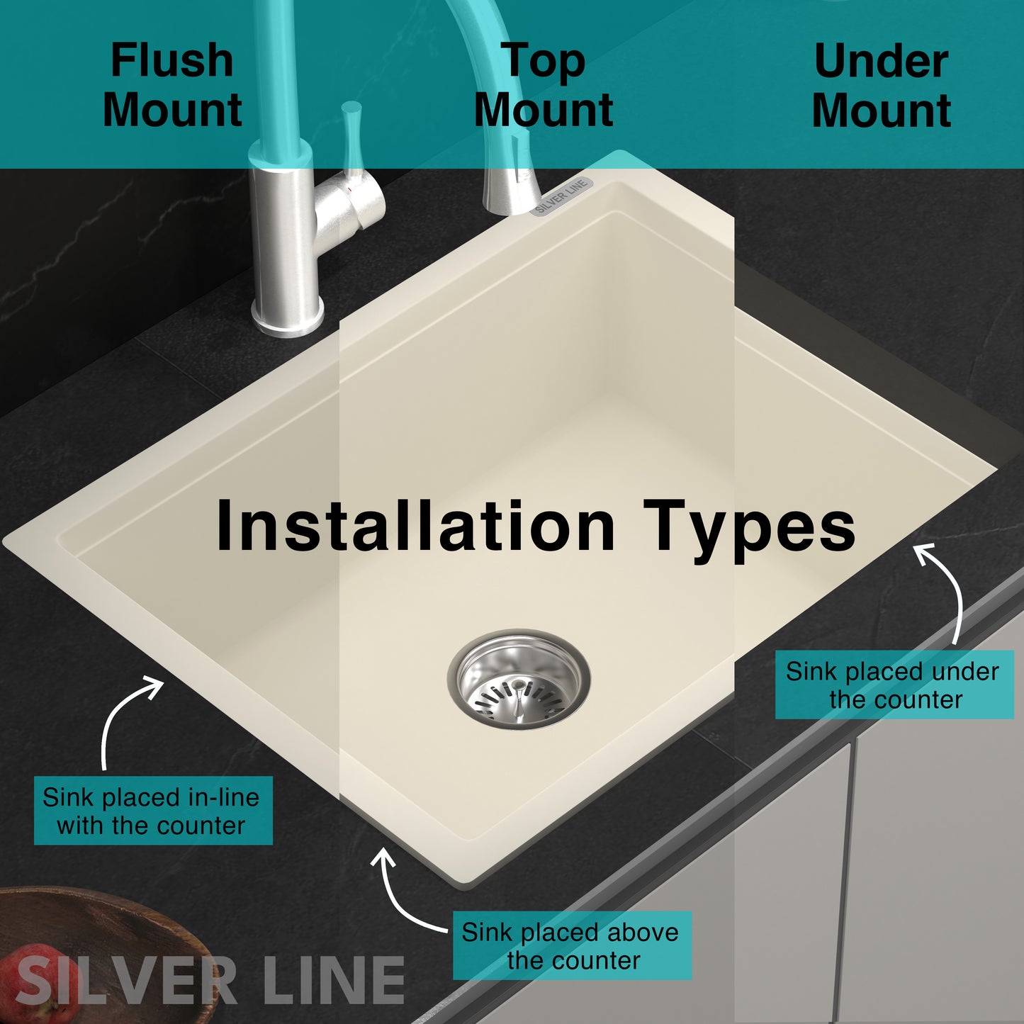 German Quartz Single Bowl Kitchen Sink - Ivory (18" x 16" x 8")