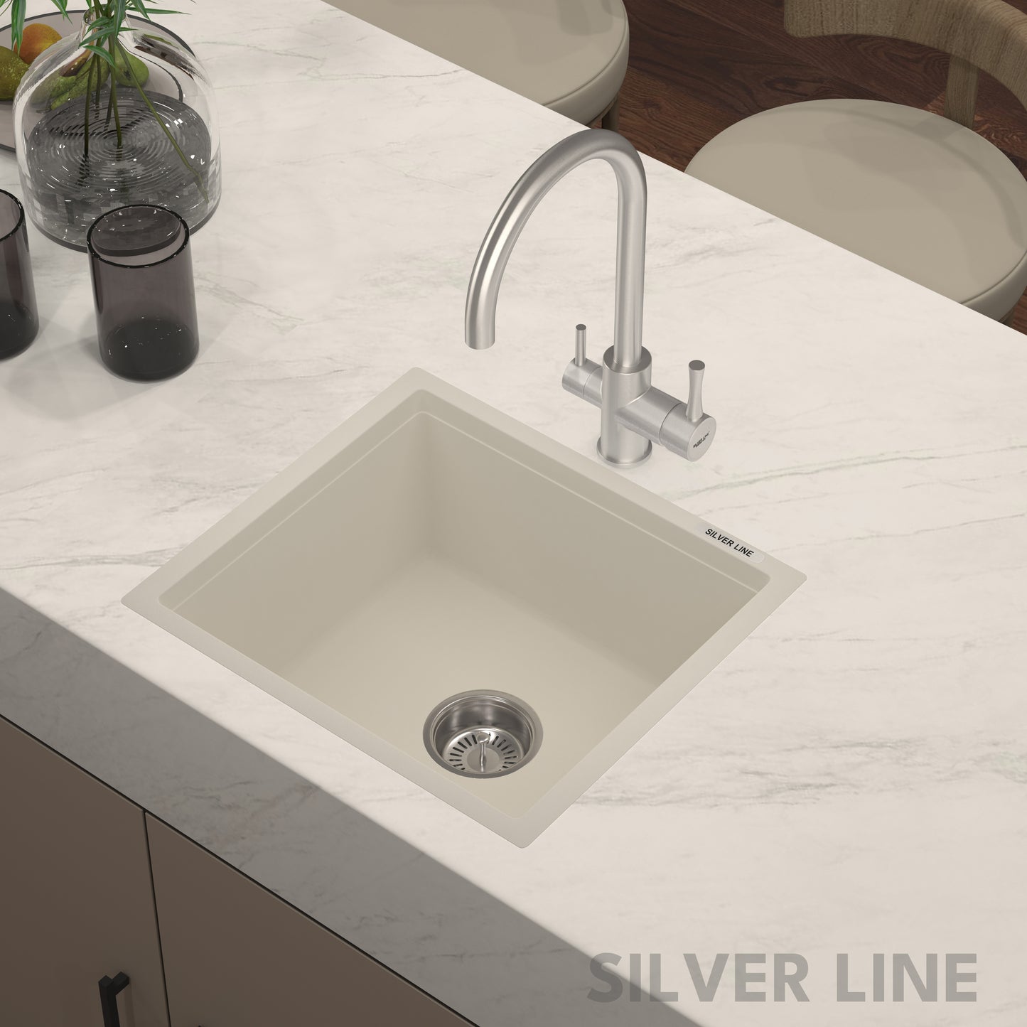 German Quartz Single Bowl Kitchen Sink - Ivory (18" x 16" x 8")