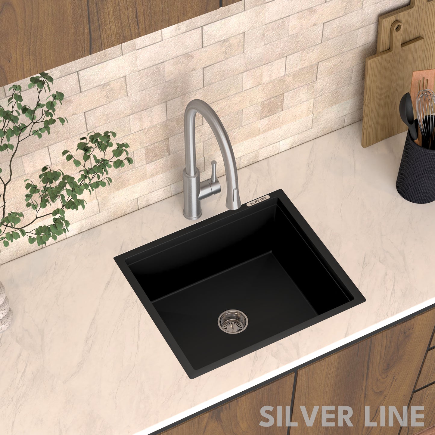 German Quartz Single Bowl Kitchen Sink - Midnight Black (21" x 18" x 8")