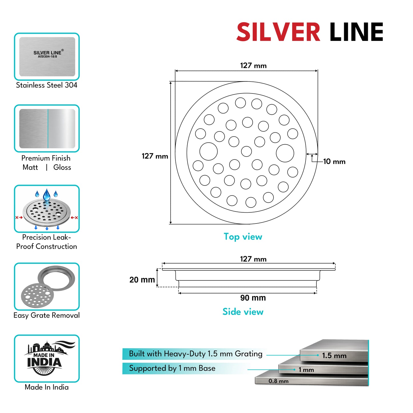 Round Floor Drain (5" x 5") | SS 304 | Matt Finish | For Bathroom, Kitchen, Balcony - Silver Line