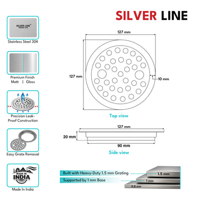 Round Floor Drain (5" x 5") | SS 304 | Matt Finish | For Bathroom, Kitchen, Balcony - Silver Line
