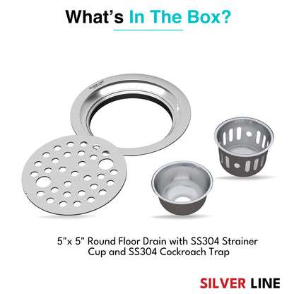 Round Floor Drain with Cockroach Trap (5" x 5") | SS 304 | Gloss Finish | For Bathroom, Kitchen, Balcony - Silver Line