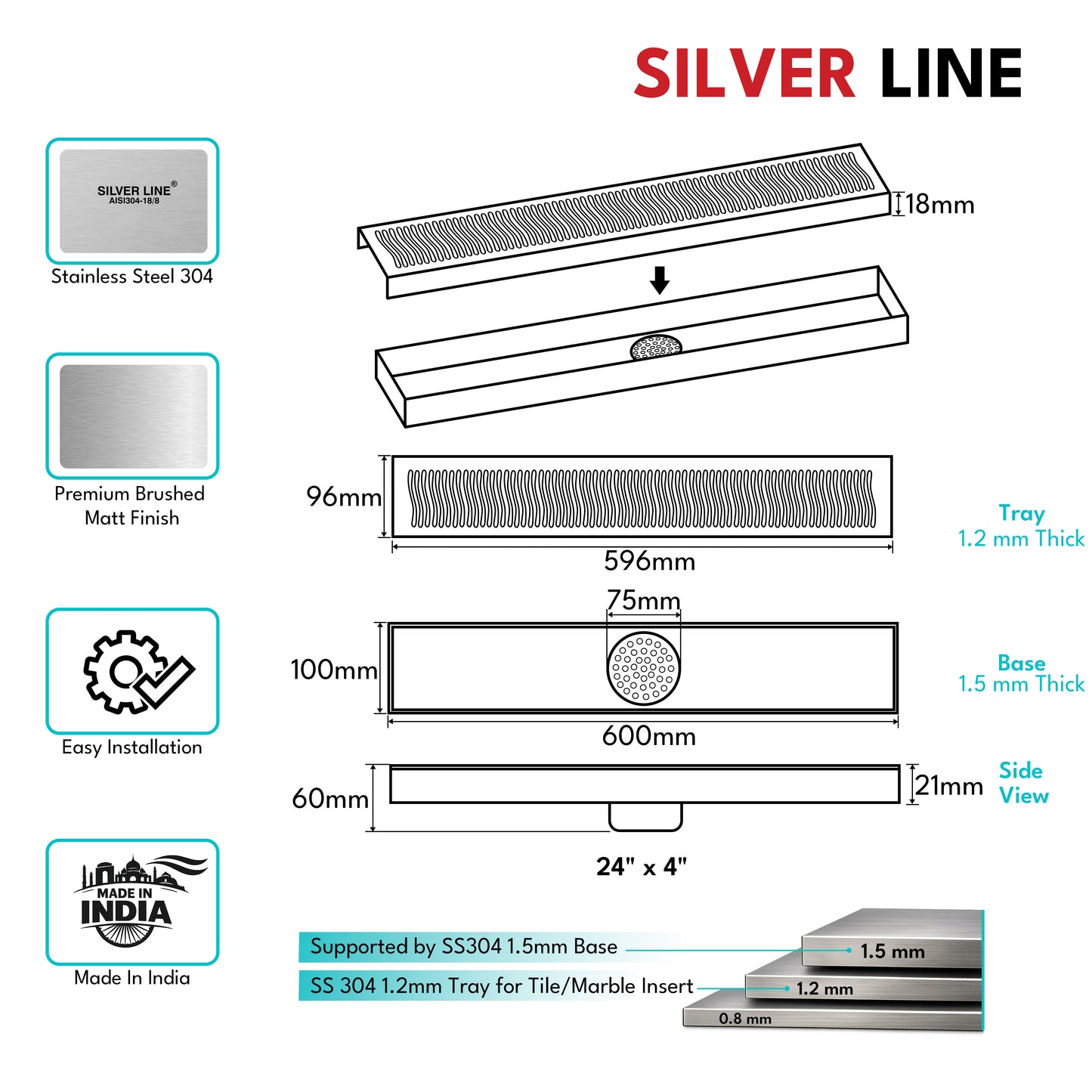 Linear Shower Channel Drain | 304 Stainless Steel | Wave Pattern Grating with Cockroach Trap - Silver Line
