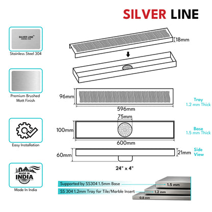 Linear Shower Channel Drain | 304 Stainless Steel | Wave Pattern Grating with Cockroach Trap - Silver Line