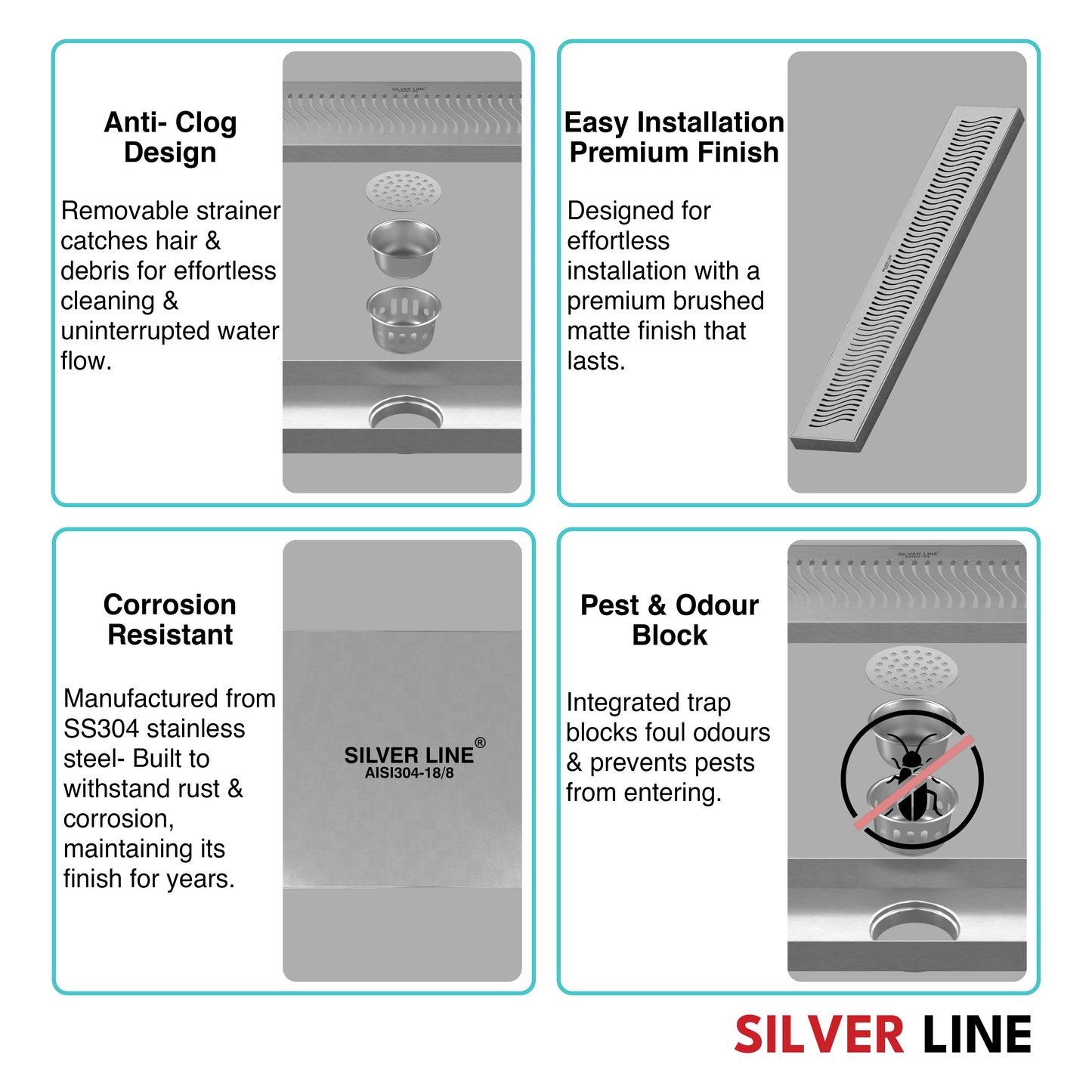 Linear Shower Channel Drain | 304 Stainless Steel | Wave Pattern Grating with Cockroach Trap - Silver Line