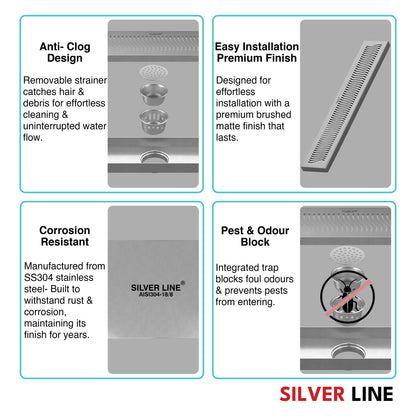 Linear Shower Channel Drain | 304 Stainless Steel | Wave Pattern Grating with Cockroach Trap - Silver Line
