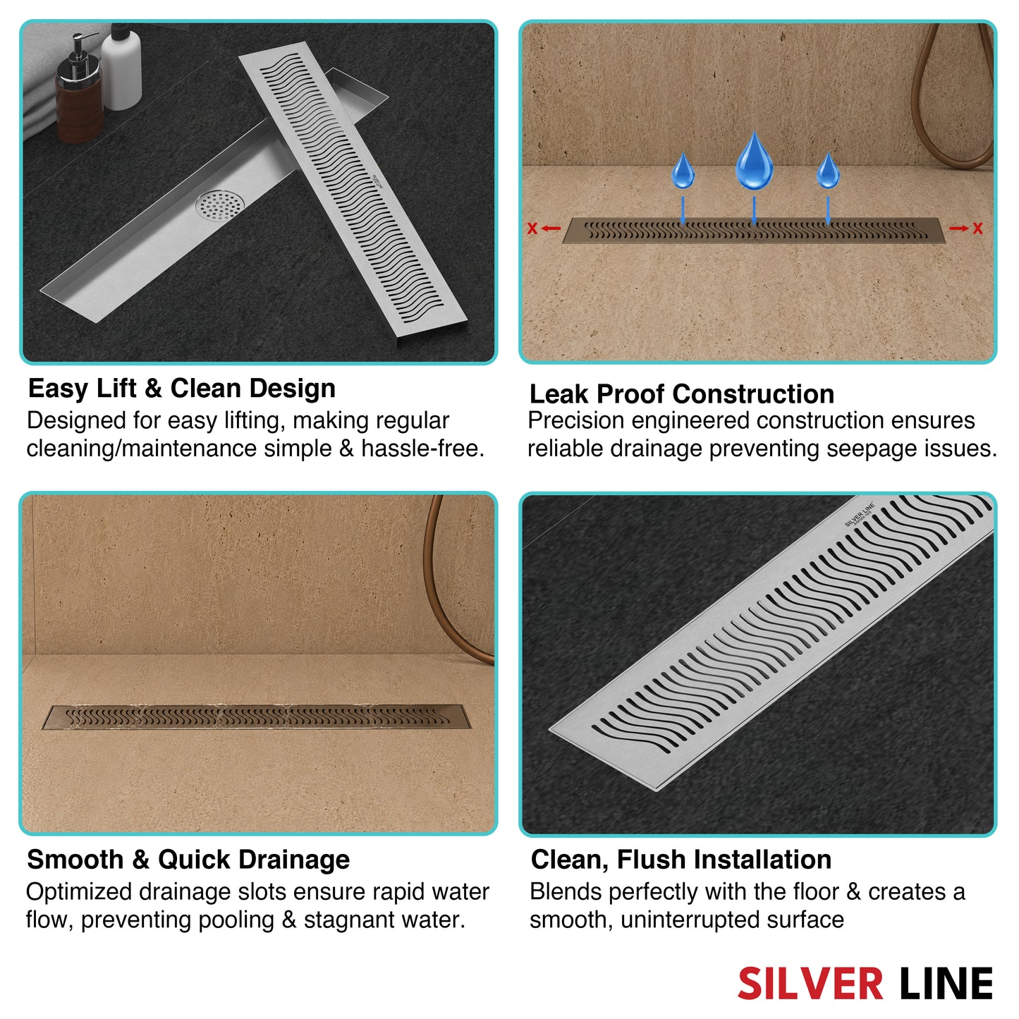 Linear Shower Channel Drain | 304 Stainless Steel | Wave Pattern Grating with Cockroach Trap - Silver Line
