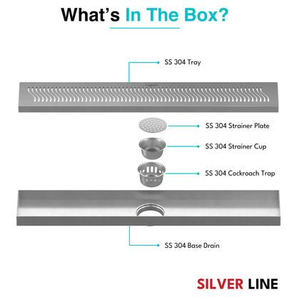 Linear Shower Channel Drain | 304 Stainless Steel | Wave Pattern Grating with Cockroach Trap - Silver Line