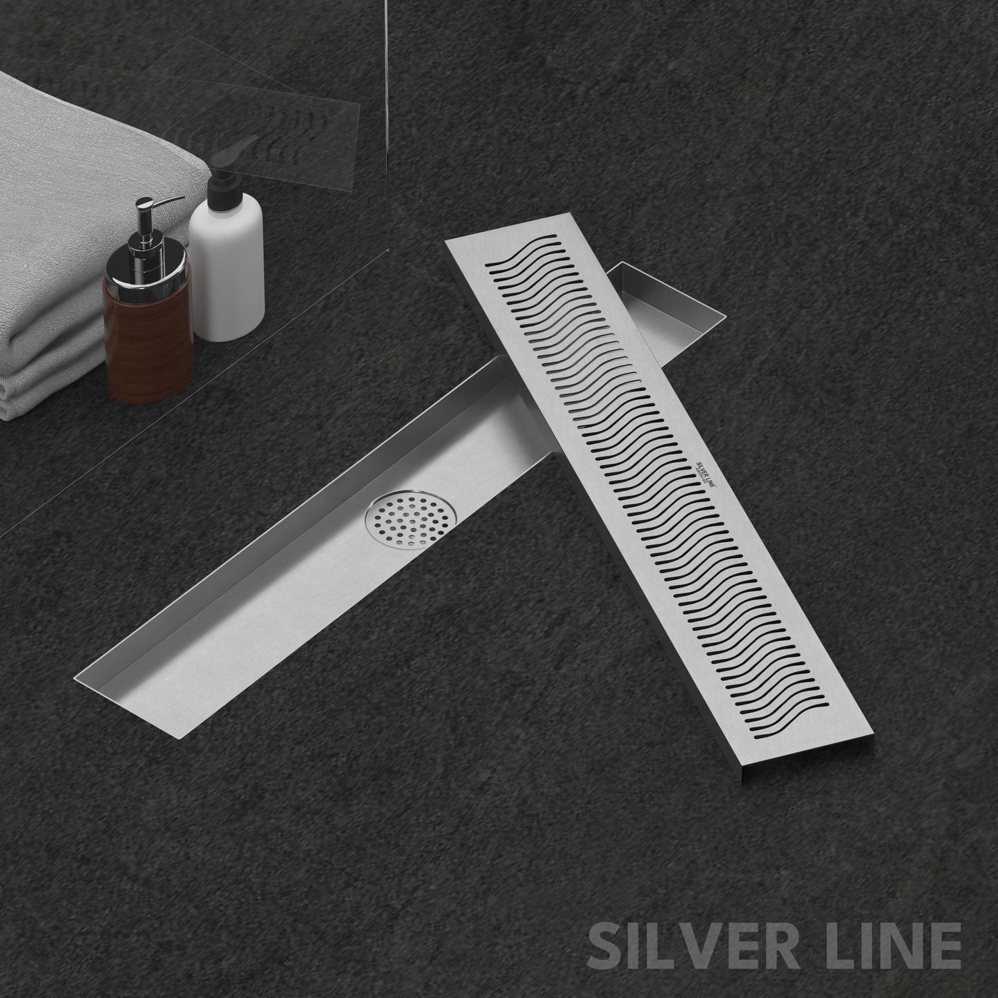 Linear Shower Channel Drain | 304 Stainless Steel | Wave Pattern Grating with Cockroach Trap - Silver Line