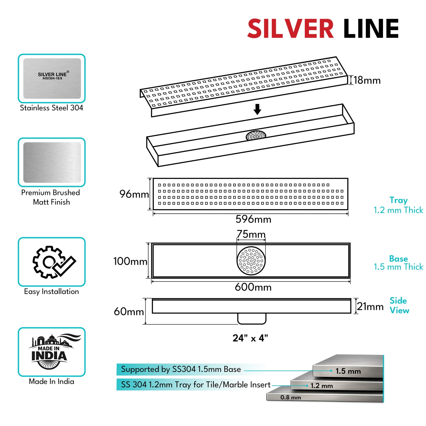 Linear Shower Channel Drain | 304 Stainless Steel | Square Perforated Grating with Cockroach Trap - Silver Line