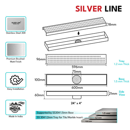 Linear Shower Channel Drain | 304 Stainless Steel | Square Perforated Grating with Cockroach Trap - Silver Line