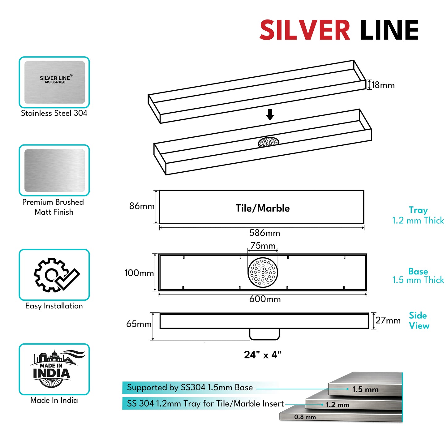 Tile Insert Shower Drain Channel | 304 Stainless Steel | Invisible Shower Channel with Cockroach Trap - Silver Line