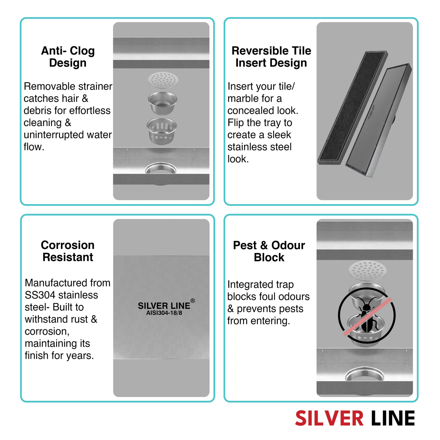 Tile Insert Shower Drain Channel | 304 Stainless Steel | Invisible Shower Channel with Cockroach Trap - Silver Line