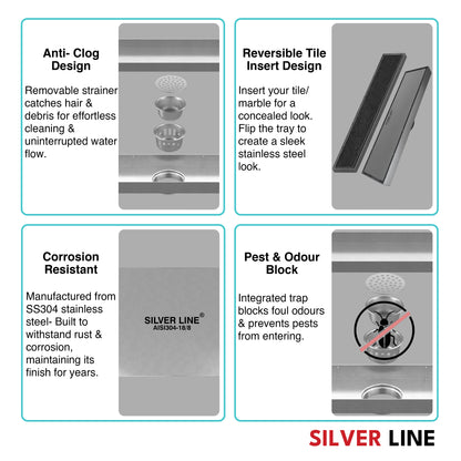 Tile Insert Shower Drain Channel | 304 Stainless Steel | Invisible Shower Channel with Cockroach Trap - Silver Line