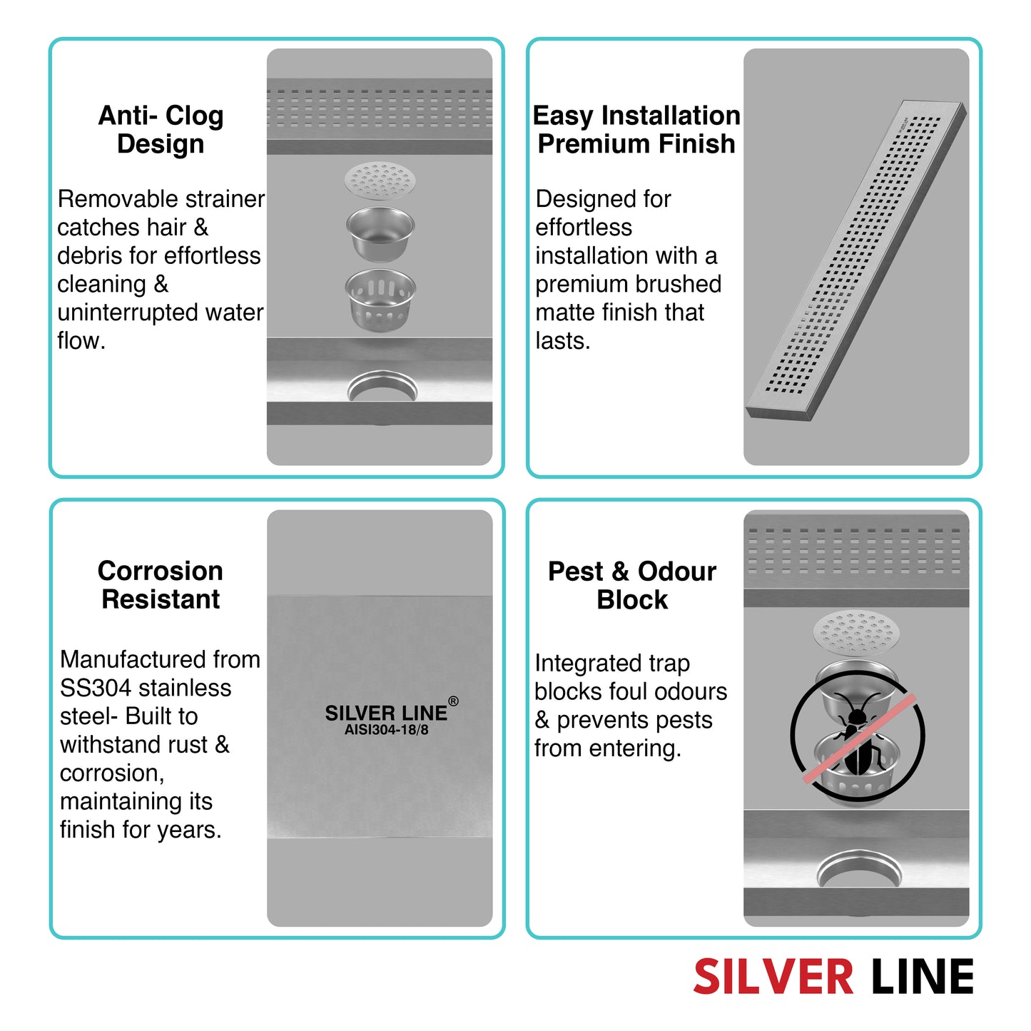 Linear Shower Channel Drain | 304 Stainless Steel | Square Perforated Grating with Cockroach Trap - Silver Line