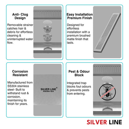 Linear Shower Channel Drain | 304 Stainless Steel | Square Perforated Grating with Cockroach Trap - Silver Line