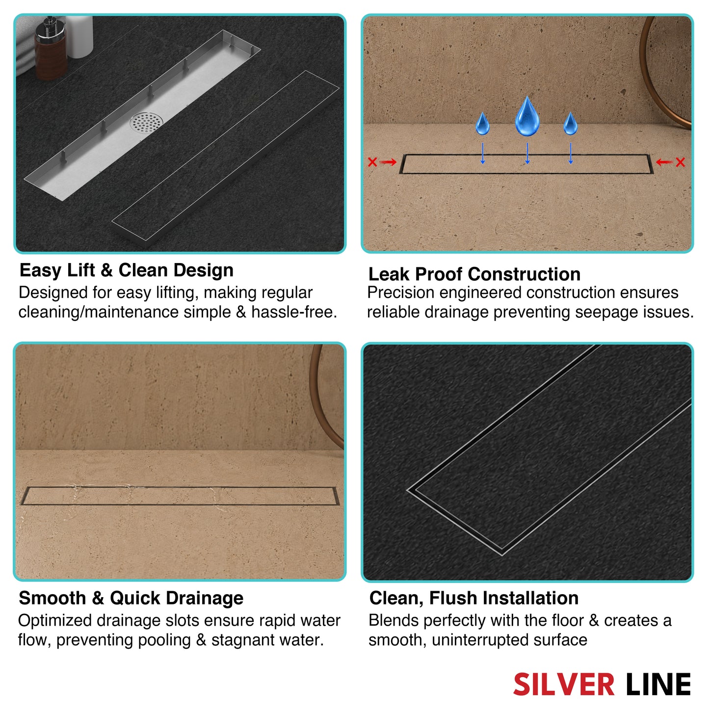 Tile Insert Shower Drain Channel | 304 Stainless Steel | Invisible Shower Channel with Cockroach Trap - Silver Line