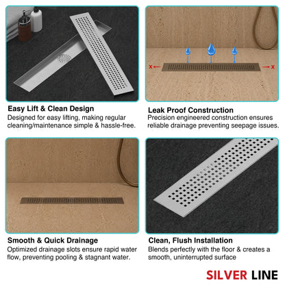 Linear Shower Channel Drain | 304 Stainless Steel | Square Perforated Grating with Cockroach Trap - Silver Line