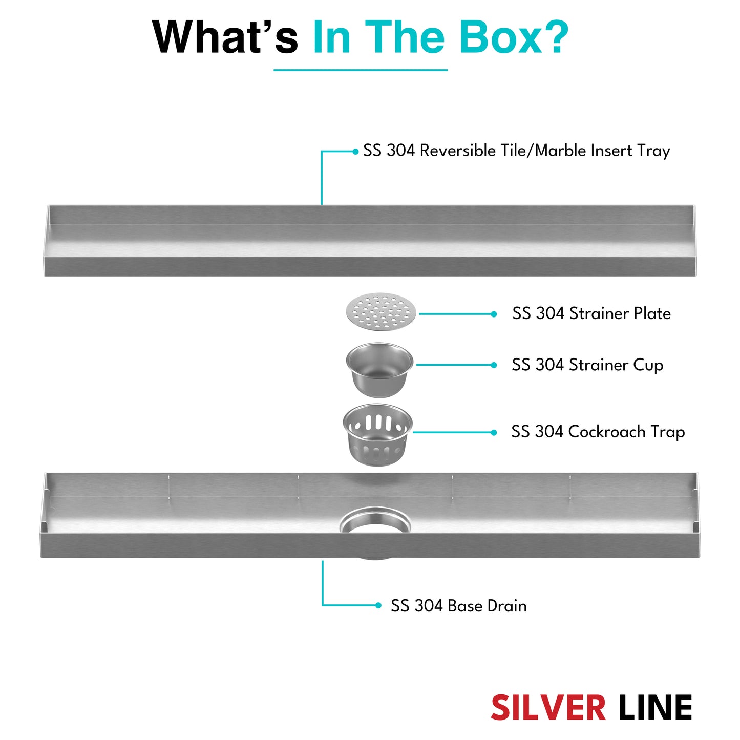 Tile Insert Shower Drain Channel | 304 Stainless Steel | Invisible Shower Channel with Cockroach Trap - Silver Line