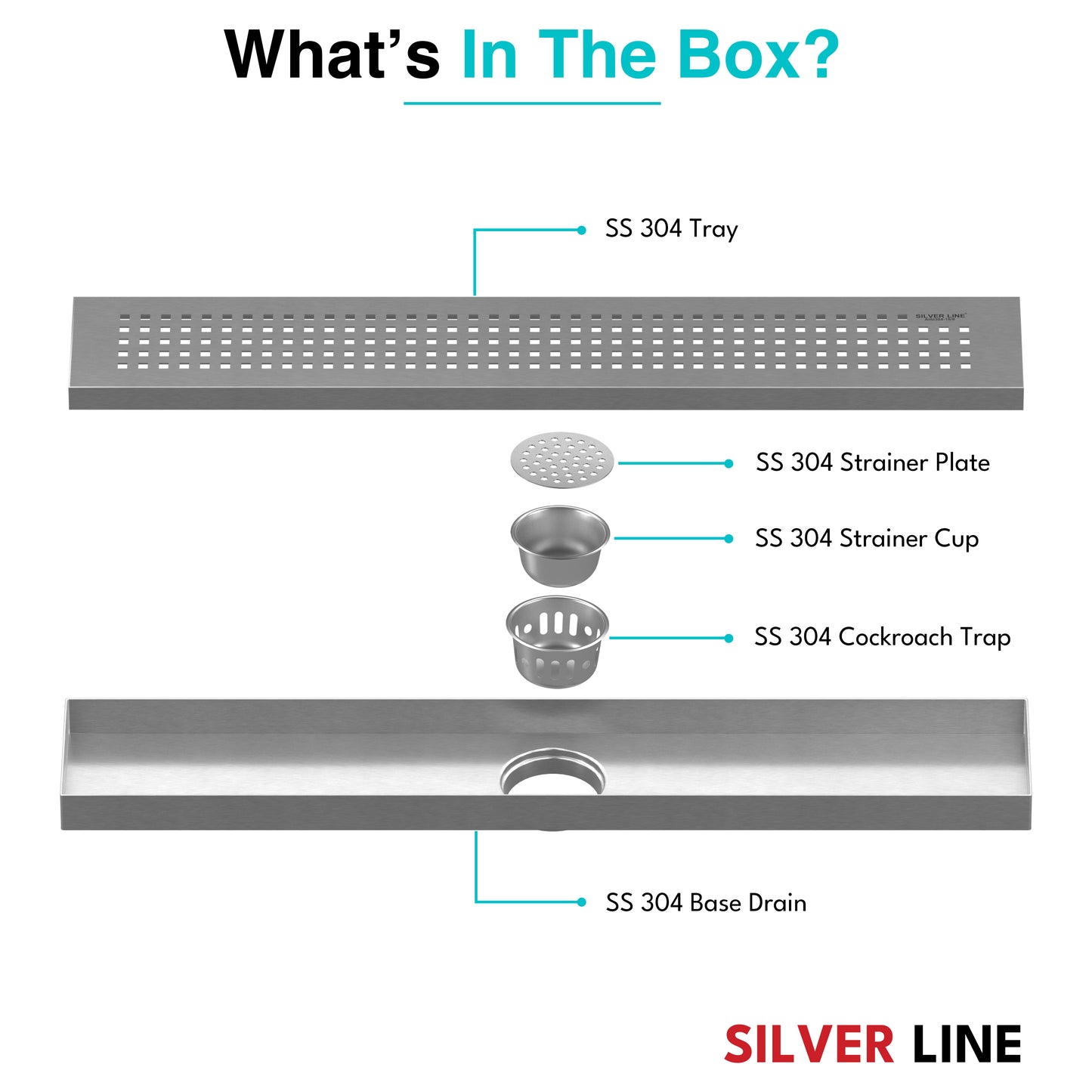 Linear Shower Channel Drain | 304 Stainless Steel | Square Perforated Grating with Cockroach Trap - Silver Line