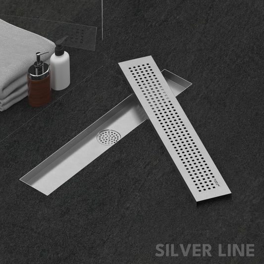 Linear Shower Channel Drain | 304 Stainless Steel | Square Perforated Grating with Cockroach Trap - Silver Line