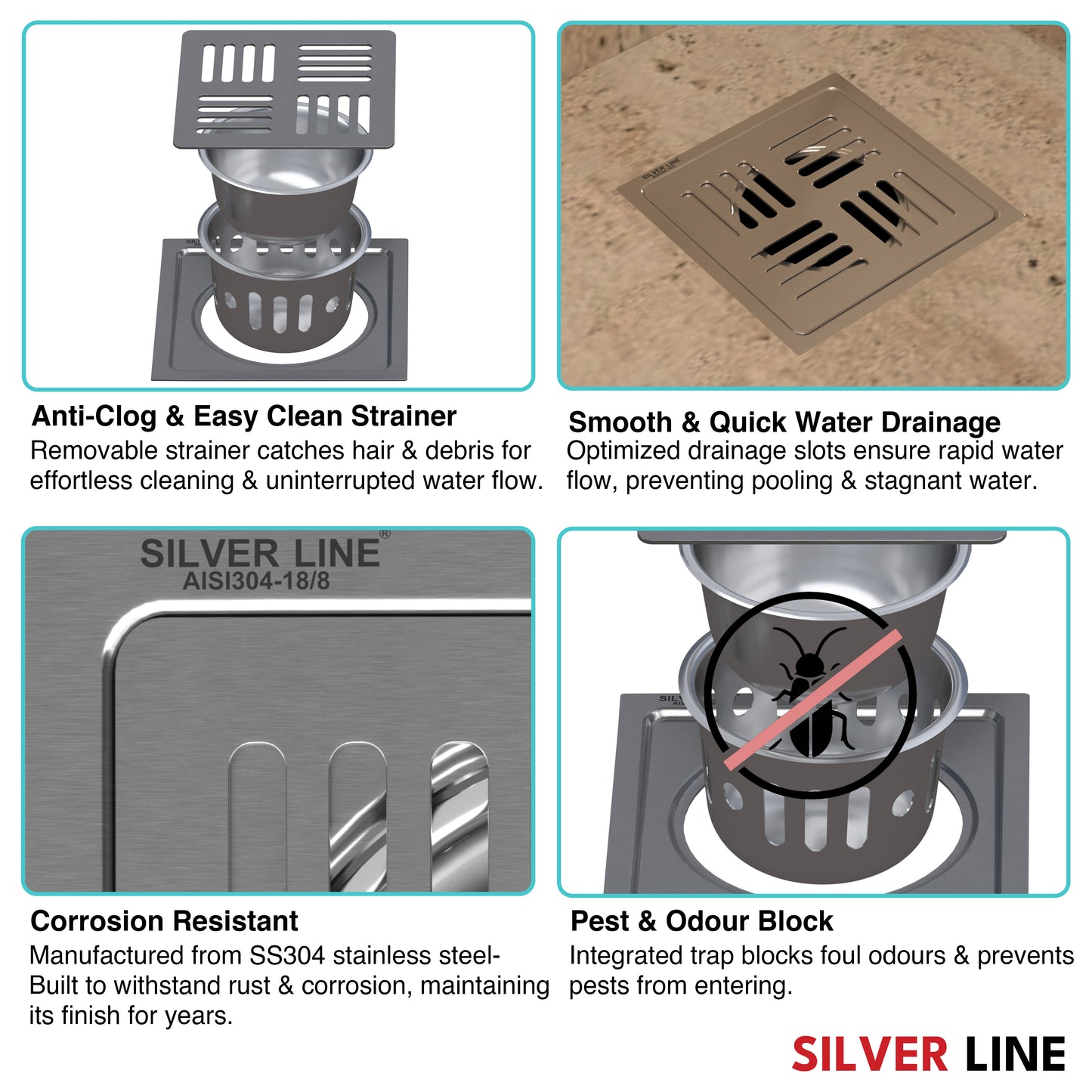 Square Floor Drain with Cockroach Trap (5" x 5") | SS 304 | Matt & Gloss Finish | For Bathroom, Kitchen, Balcony - Silver Line