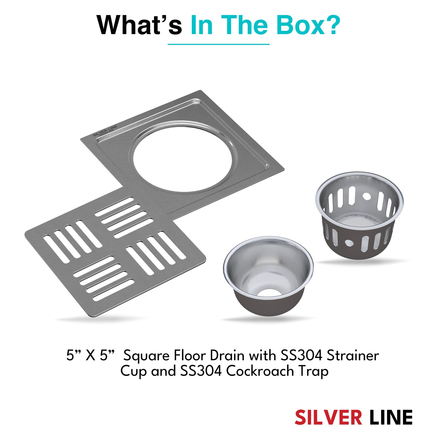 Square Floor Drain with Cockroach Trap (5" x 5") | SS 304 | Matt & Gloss Finish | For Bathroom, Kitchen, Balcony - Silver Line