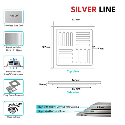 Square Floor Drain (5" x 5") | SS 304 | Matt & Gloss Finish | For Bathroom, Kitchen, Balcony - Silver Line