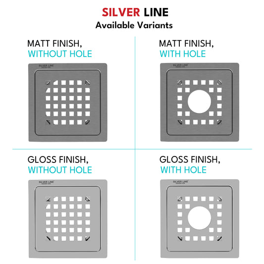Square Cut Design Floor Drain (5" x 5") | SS 304 | Matt & Gloss Finish | For Bathroom, Kitchen, Balcony - Silver Line