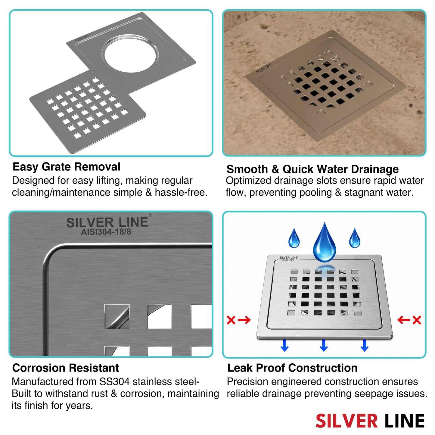 Square Cut Design Floor Drain (5" x 5") | SS 304 | Matt & Gloss Finish | For Bathroom, Kitchen, Balcony - Silver Line