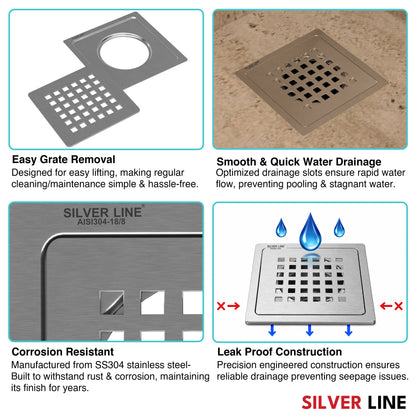 Square Cut Design Floor Drain (5" x 5") | SS 304 | Matt & Gloss Finish | For Bathroom, Kitchen, Balcony - Silver Line