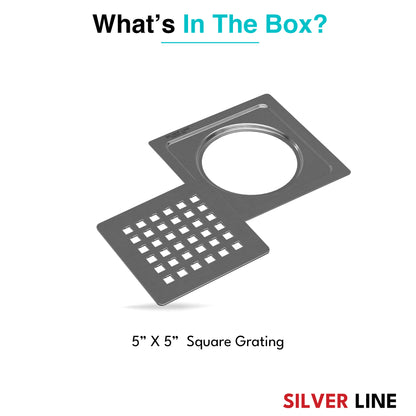 Square Cut Design Floor Drain (5" x 5") | SS 304 | Matt & Gloss Finish | For Bathroom, Kitchen, Balcony - Silver Line