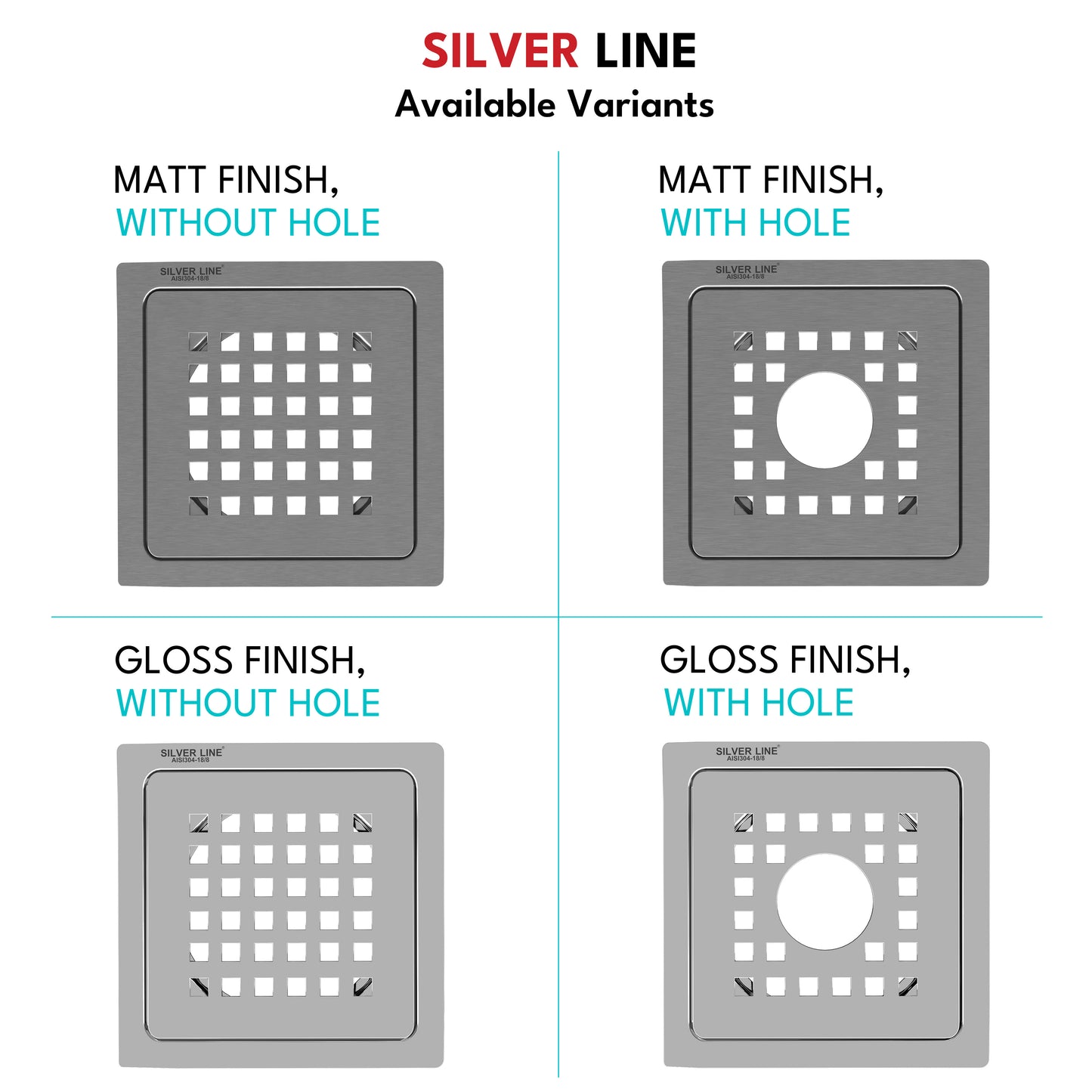 Square Cut Design Floor Drain (5" x 5") | SS 304 | Matt & Gloss Finish | For Bathroom, Kitchen, Balcony - Silver Line