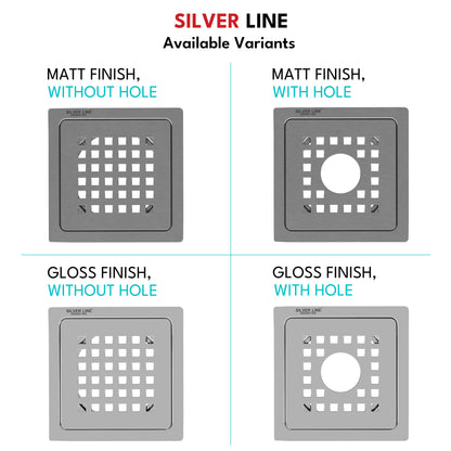 Square Cut Design Floor Drain (5" x 5") | SS 304 | Matt & Gloss Finish | For Bathroom, Kitchen, Balcony - Silver Line