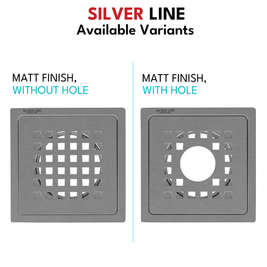 Square Cut Design Floor Drain (6" x 6") | SS 304 | Matt Finish | For Bathroom, Kitchen, Balcony - Silver Line