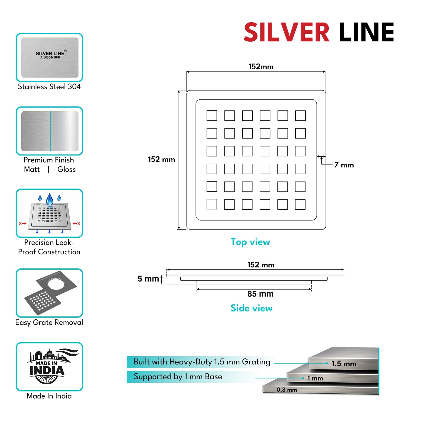 Square Cut Design Floor Drain (6" x 6") | SS 304 | Matt Finish | For Bathroom, Kitchen, Balcony - Silver Line
