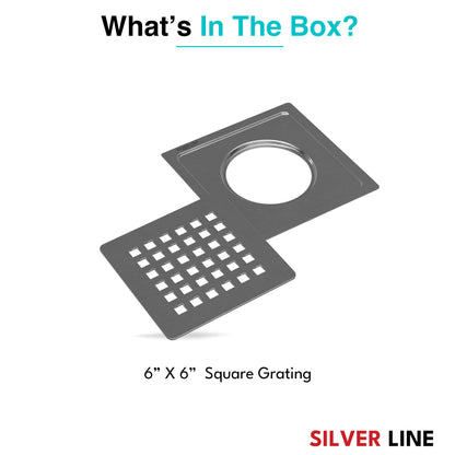 Square Cut Design Floor Drain (6" x 6") | SS 304 | Matt Finish | For Bathroom, Kitchen, Balcony - Silver Line