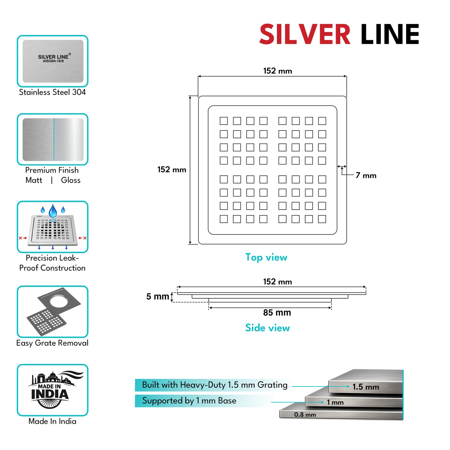 MultiSquare Floor Drain (6" x 6") | SS 304 | Matt Finish | For Bathroom, Kitchen, Balcony - Silver Line