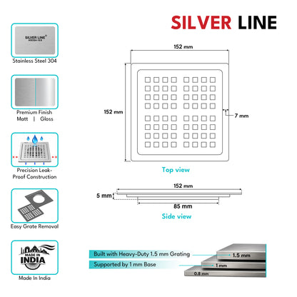 MultiSquare Floor Drain (6" x 6") | SS 304 | Matt Finish | For Bathroom, Kitchen, Balcony - Silver Line
