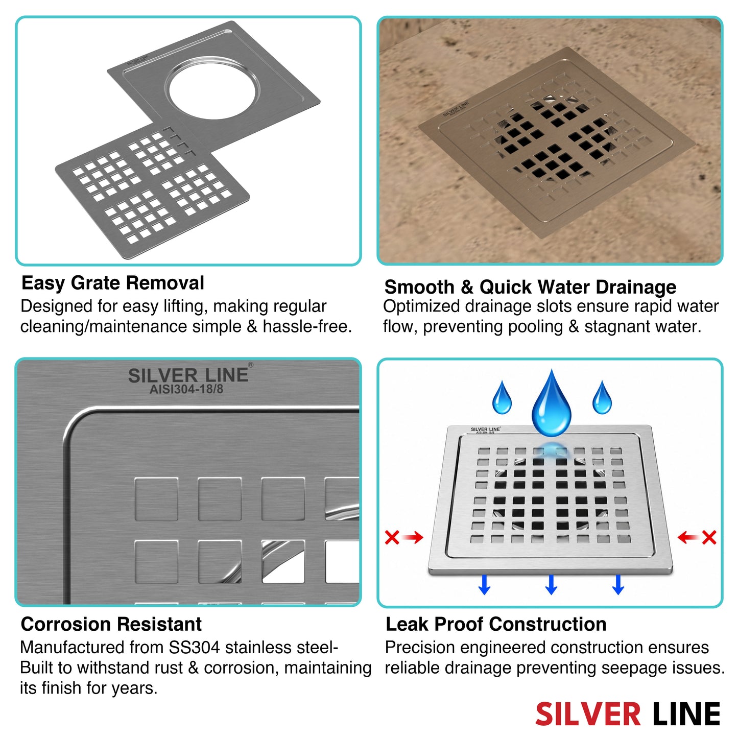 MultiSquare Floor Drain (6" x 6") | SS 304 | Matt Finish | For Bathroom, Kitchen, Balcony - Silver Line